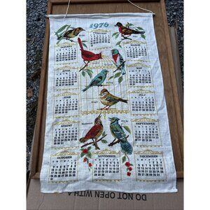 Vintage 1976 Tea Cloth Calendar Linen Wall Hanging Birds Warbler Robin Cardinal